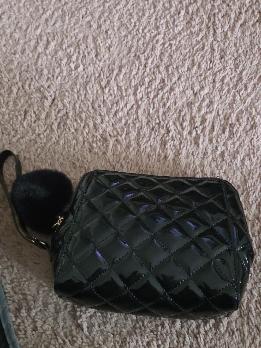 Quilted Patent Black Wristlet Bag with Heart Shape Pom Accent
